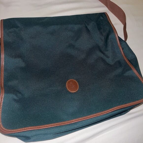 Polo Ralph Lauren Canvas Messenger Crossbody Bag Tote Green Brown Trim 15” Wide - Picture 3 of 14